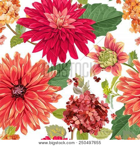 Seamless Pattern With Red Asters Flowers. Floral Background For Fabric Textile, Wallpaper, Wrapping.