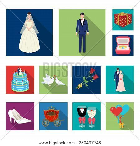 Wedding And Attributes Flat Icons In Set Collection For Design.newlyweds And Accessories Vector Symb