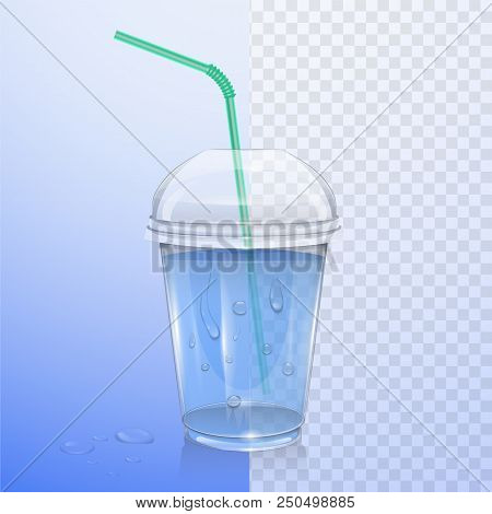 Realistic Plastic Cup With Clean Water. Vector Eps 10 Illustration On Transparent Background.