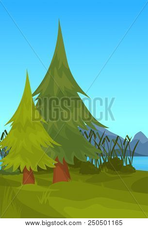 Landscape Spruce Mountain River Reed Outdoor Nature Background Flat Vertical Vector Illustration