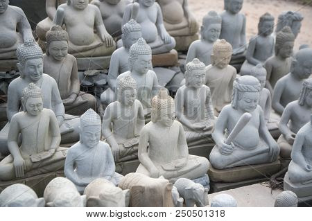 A Buddha Carving Factory At The Village Of Kakaoh East Of The City Of Kampong Thom Of Cambodia.  Cam