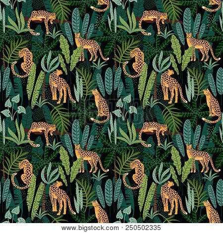 Vestor Seamless Pattern With Leopards And Tropical Leaves. Trendy Style.