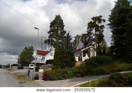 Typical small town in Southern Norway. June 19,2018. Rakkestad, Ostfold Region. Norway