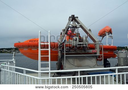 Inflatable lifeboat. The Ferry from Horten to Moss connects Ostfold and Vestfold in Norway.June 22,2018. Moss,Norway