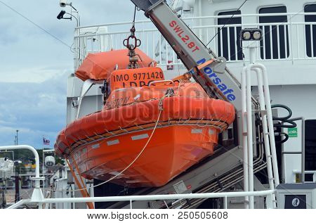 Inflatable lifeboat. The Ferry from Horten to Moss connects Ostfold and Vestfold in Norway.June 22,2018. Moss,Norway