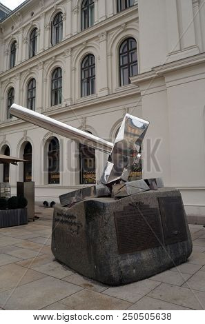 Monument to the heroes of the Norwegian Resistance on the railway in 1940. Oslo Central Station (Sentralstasjon) is main railway station in Oslo. June 17. 2018. Oslo,Norway
