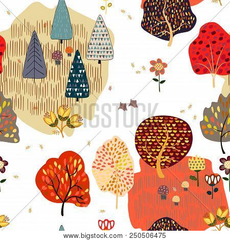 Seamless Background With Stylized Autumn Trees. Forest Bright Pattern. Vector Illustration.