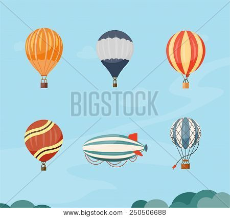 Hot Air Balloons And Airship Vector Illustration Travel. Summer Ballooning Adventure Cartoon Hotair 