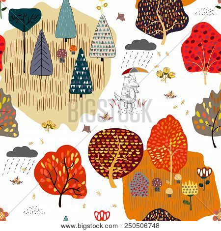 Seamless Background With Stylized Autumn Trees. Forest Bright Pattern. Vector Illustration.