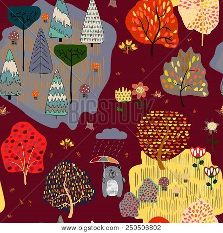 Seamless Background With Stylized Autumn Trees. Forest Bright Pattern. Vector Illustration.