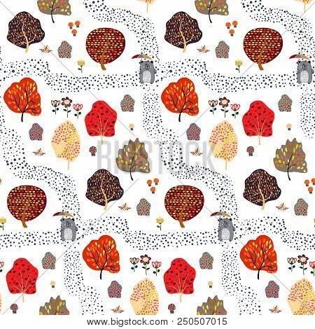 Seamless Background With Stylized Autumn Trees. Forest Bright Pattern. Vector Illustration.
