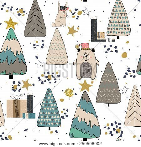 Winter Forest Seamless Pattern Background. Scandinavian Style. Vector Illustration