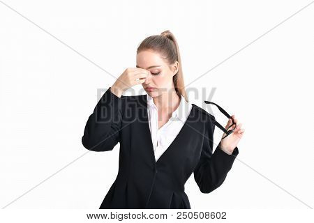 Business Concept. Young Business People Feel Tired In Their Work. Young Businesswoman Suffering From