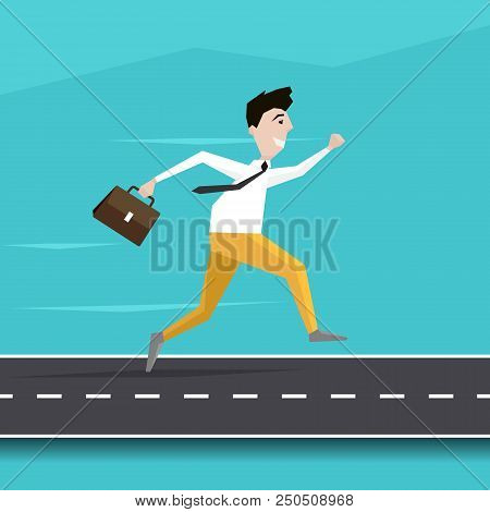 Businessman Running On The Road To Success. Young Man Character Running On The Road In Flat Design. 
