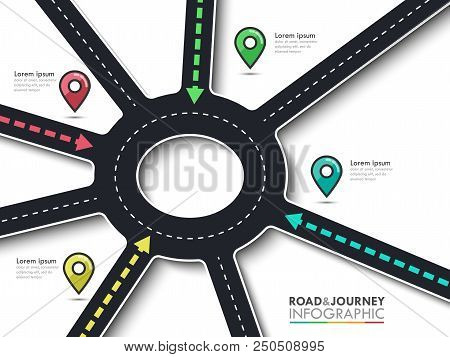 Road Trip, Journey Route And Road To Success. Business And Journey Infographic With Pin Pointer. Rou