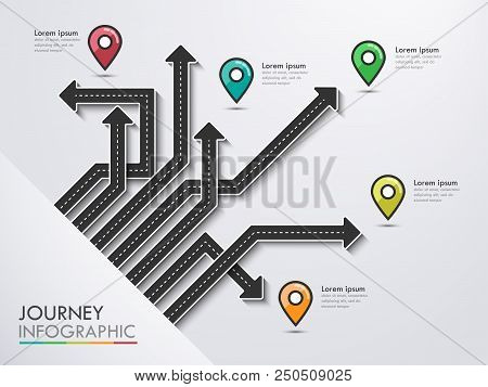 Road Trip, Journey Route And Road To Success. Business And Journey Infographic With Pin Pointer. Sty