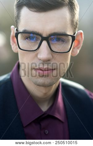 Poor Eyesight And Eye Healthcare. Businessman Grooming In Optics Shop. Smart Fashion. Man In Anti-re