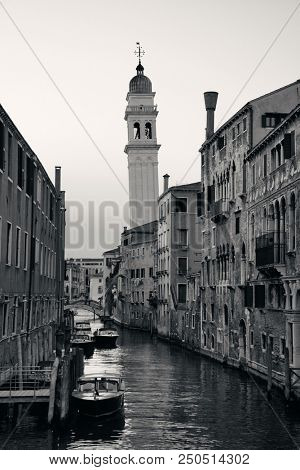 San Giorgio dei Greci church bell tower and Venice canal. Italy.