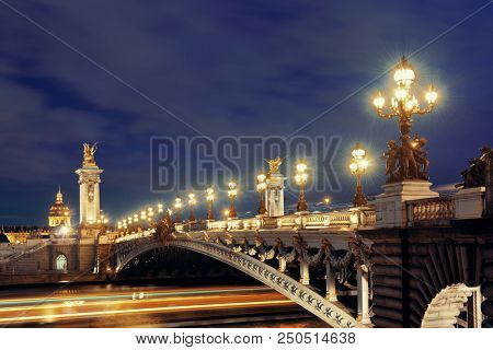 Paris River Seine and Alexandre III Bridge in evening 