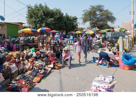 Peru July  2018 Walking In Modelo Market Of Chiclayo Where Clothes, Shoes And Food Are Sold Every Da
