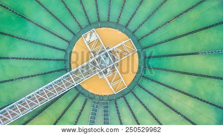 Aerial Top View Recirculation Solid Contact Clarifier Sedimentation Tank, Water Treatment Plant.