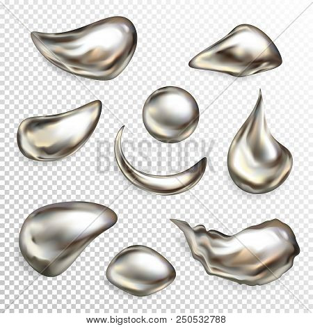 Metal Silver Droplets Vector Illustration Of Realistic 3d Liquid Quicksilver With Pearl Texture. Iso