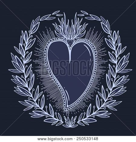 Sketch Graphic Illustration Beautiful Heart With Mystic And Occult Hand Drawn Symbols. Vector Illust