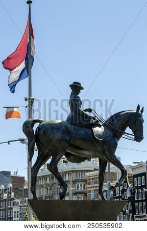 Amsterdam, Netherlands - July 02, 2018: Equestrian Statue Of The Queen Of The Netherlands Wilhelmine