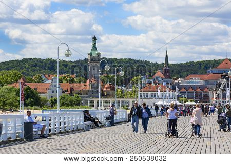 Sopot, Poland - June 6, 2018: Wooden Sopot Pier In Sunny Day. It Is The Longest Wooden Pier In Europ