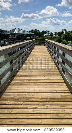 Raised Wooden Boardwalk In The Marsh Wetlands