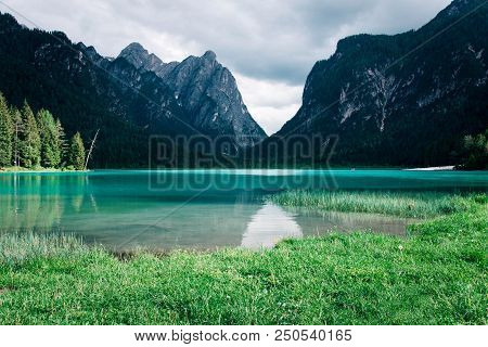 Dobbiaco Lake In The Dolomites Alps, Summer Landscape, Bolzano, Italy.