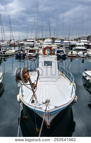 Vrsar, Croatia - May 22, 2018: View on yacht, harbor, Adriatic sea and small Croatian town Vrsar, Cr