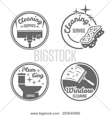 Cleaning Service, Plumbing Service, Window Cleaning Set Of Four Monochrome Vector Round Badges, Labe