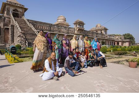 Mandu, India - February 03, 2017 : Unidentified Indian Tourists Are Photographed In The Background O