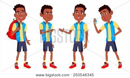 Boy Schoolboy Kid Poses Set Vector. High School Child. Schoolchild. Black. Afro American. September,