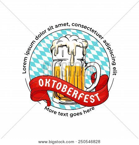 Oktoberfest Logo Badge. Munich Beer Festival Concept, Hand Drawn Glass Beer Mug Illustration With Ba