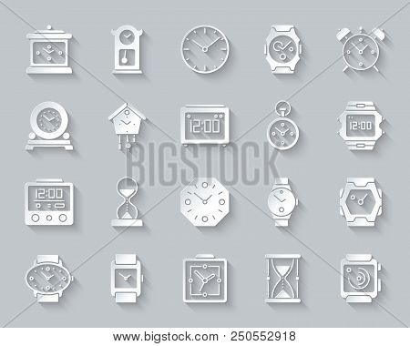 Watch Paper Cut Art Icons Set. 3d Web Sign Kit Of Alarm Clock. Clock Pictogram Collection Includes S