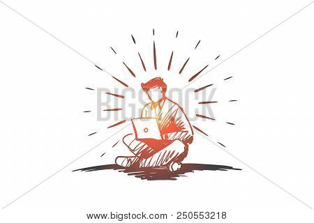 Idea, Freelance, Freedom, Success, Laptop Concept. Hand Drawn Man Working With Laptop Concept Sketch
