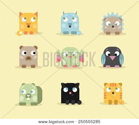 Set Of Nine Cute And Funny Little Animals, Cartoon Style