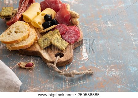 Platter With Spanish Ham Jamon Serrano Or Italian Prosciutto Crudo, Sliced Italian Hard Cheese Pecor