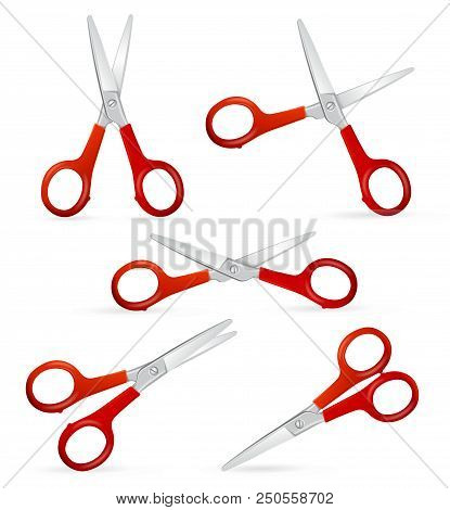 Realistic Detailed 3d Red Handle Scissors Set Sharp Tool For Tailor Business. Vector Illustration Of