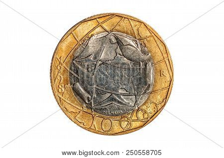 Thousand Italian Lira Coin Close-up From 1990s Italy. Tail Side With A Project By Michelangelo Icon.