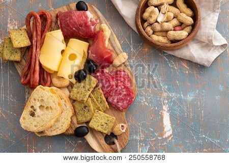 Platter With Spanish Ham Jamon Serrano Or Italian Prosciutto Crudo, Sliced Italian Hard Cheese Pecor