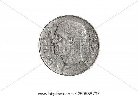 20 Cents Of Italian Lira Coin Close-up From 1940s Italy, Head Side With King Vittorio Emanuele Iii. 