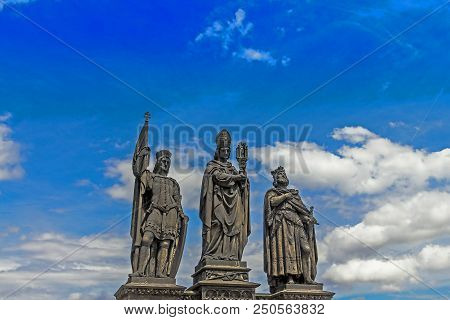 Sculptures Charles Bridge. Statues Of Three Figures - Saint Norbert, St. Vaclav And St. Sigismund. P