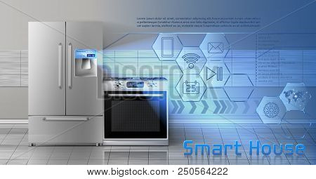 Vector Concept Illustration Of Smart House, Internet Of Things, Wireless Digital Technologies To Man