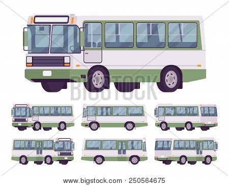 Green Bus Set. Single-decker Bright Large Motor Road Vehicle For Carrying Passengers, City Transit. 
