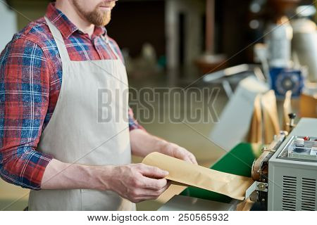 Mid Section Of Unrecognizable Man Wearing Apron Packing Freshly Roasted Coffee Beans In Craft Paper 