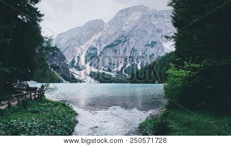 Beautiful View Of Lago Di Braies Or Pragser Wildsee, Trentino Alto Adidge, Dolomites Mountains, Ital