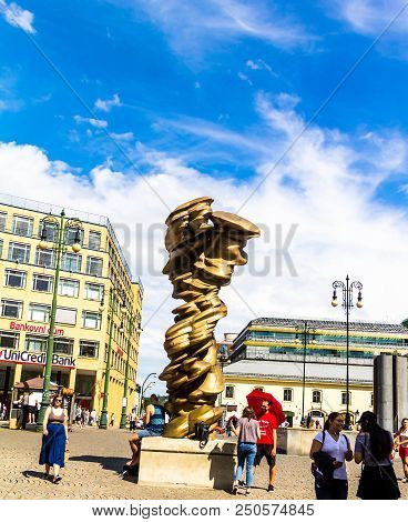 Prague, Czech Republic -july 23,2017: Old Town Republic Square With Tourists Near Scullpture Mixed F